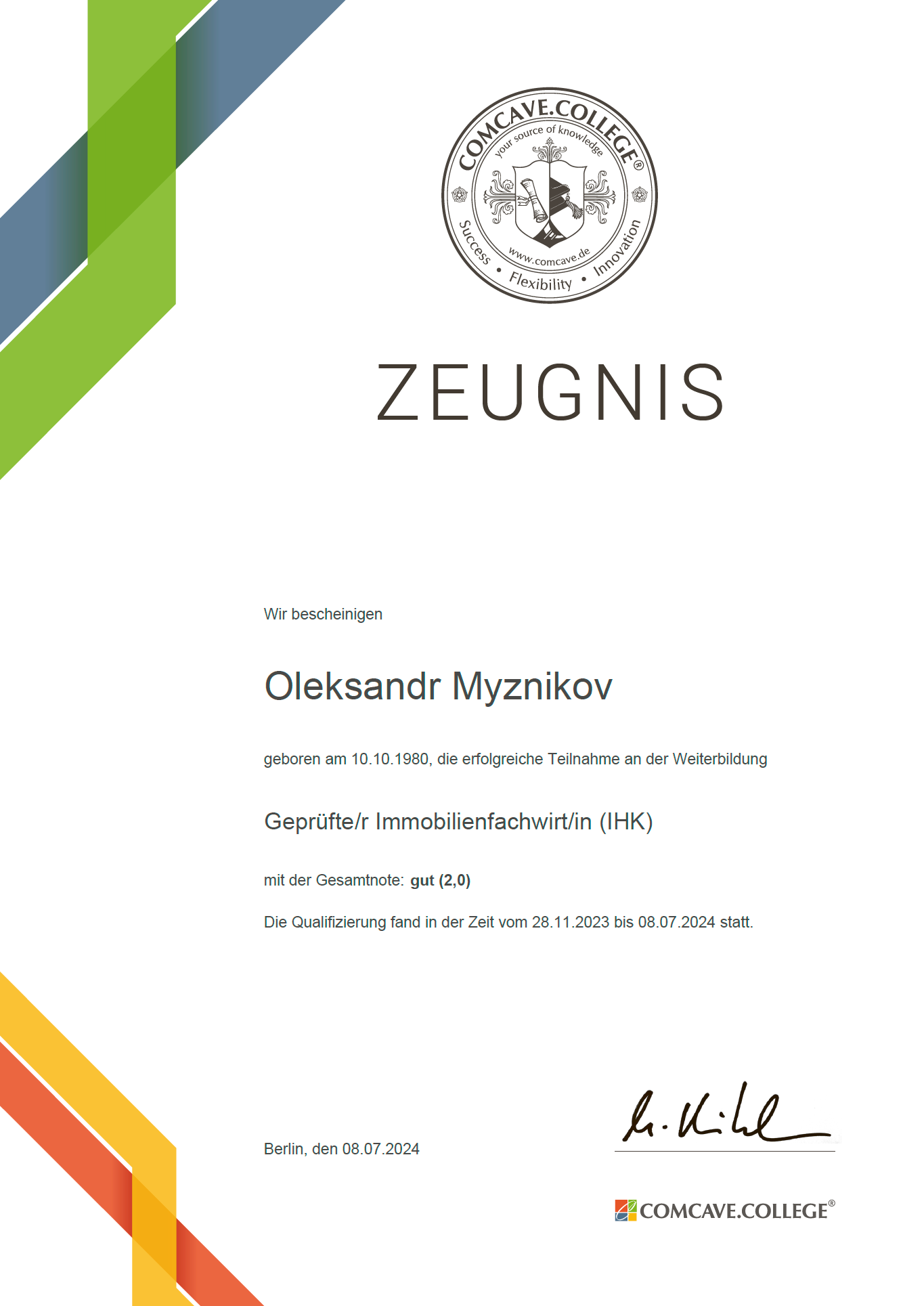 Свидетельство об успешном окончании курса повышения квалификации «Geprüfter Immobilienfachwirt (IHK)»
